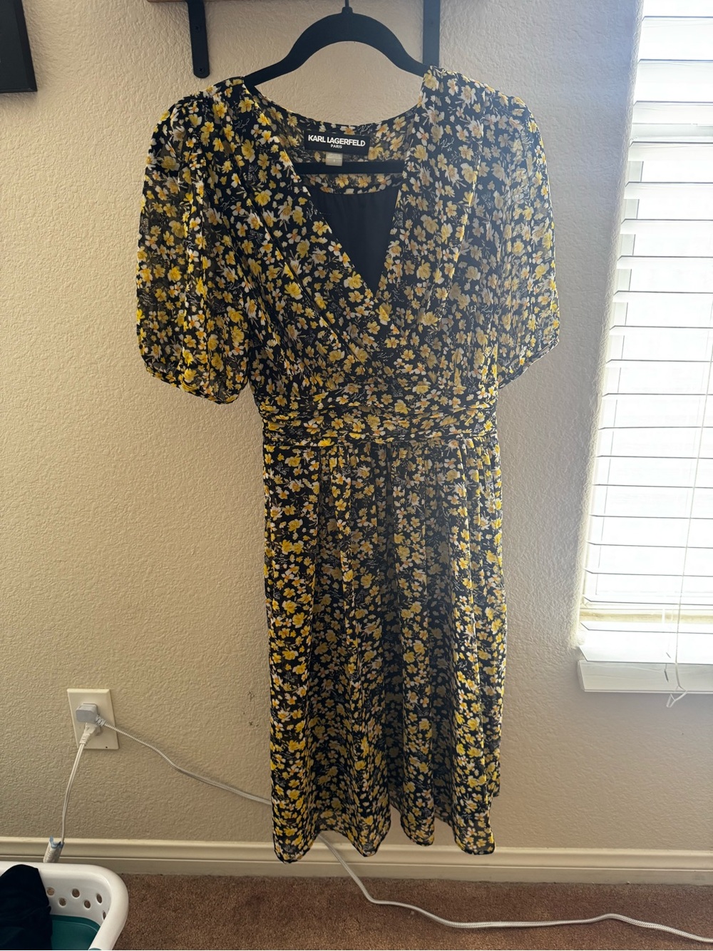Karl Lagerfeld Black Floral Midi Dress with Yellow Accents